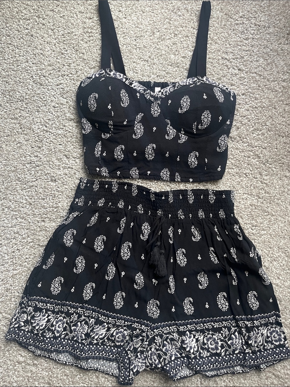 Black Paisley Two-Piece Crop Top & Shorts Set